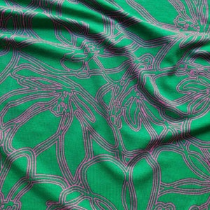 Viscose jersey fabric abstract floral tendrils, pink green image 3