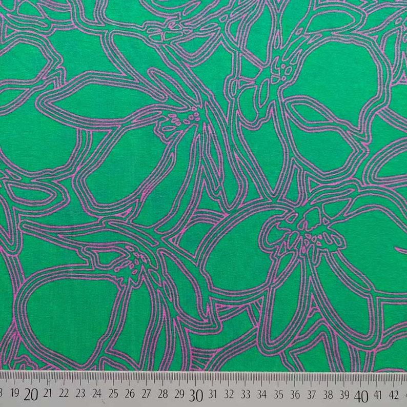 Viscose jersey fabric abstract floral tendrils, pink green image 2