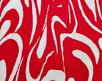 Tissu jersey viscose motif abstrait, blanc rouge