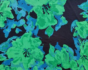 Viscose jersey fabric flowers, green dark blue