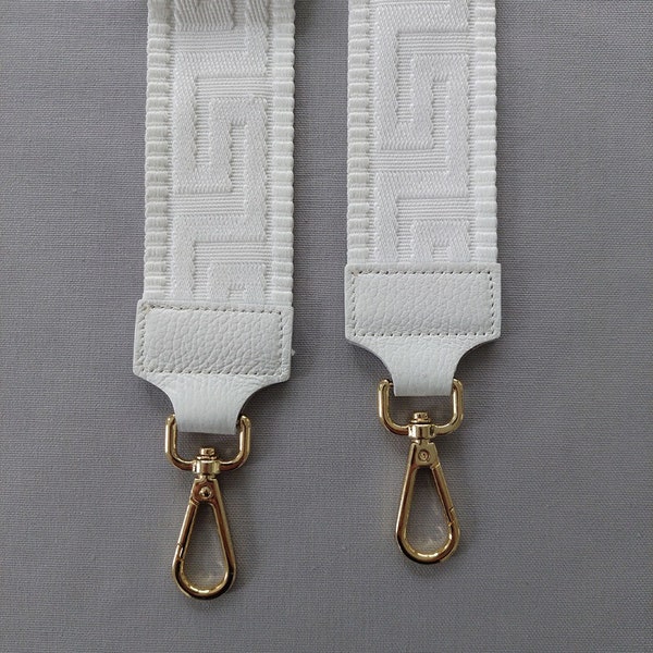 Taschengurt Taschenriemen grafisches Muster - weiß - weißes Leder- gold Schnallen