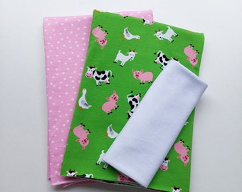 FABRIC PACKAGE Jersey fabric cows pigs dots, pink light green