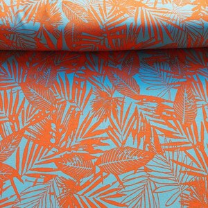 Viscose jersey fabric tropical leaves, orange turquoise image 3