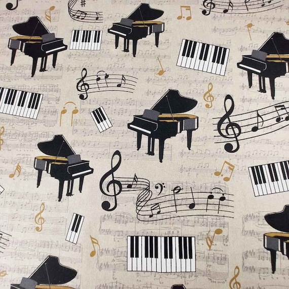 Dekostoff Klavier Piano Noten, schwarz natur