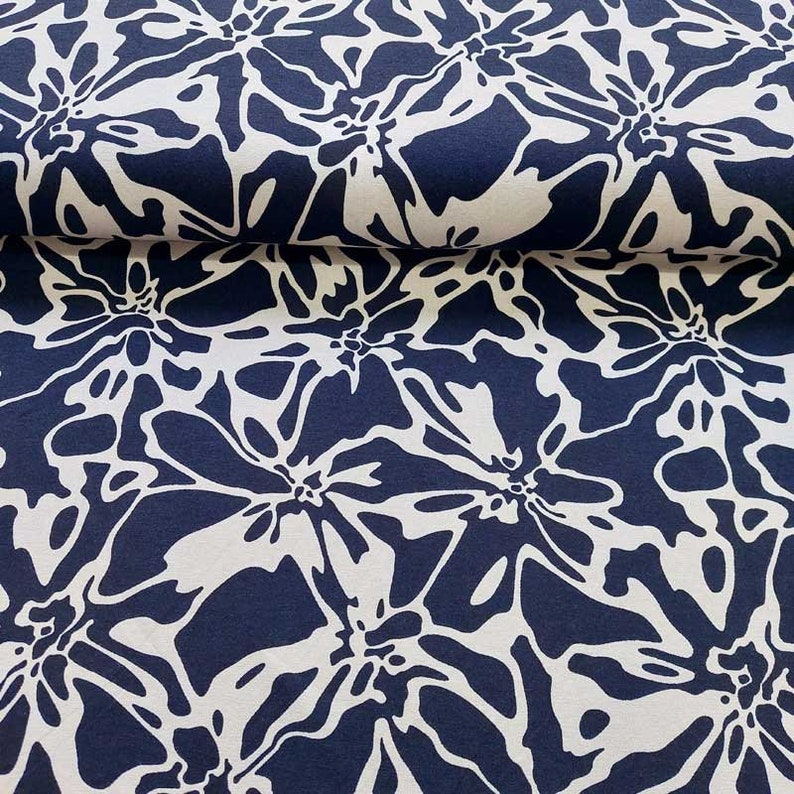 Viscose jersey fabric flowers, beige dark blue image 4