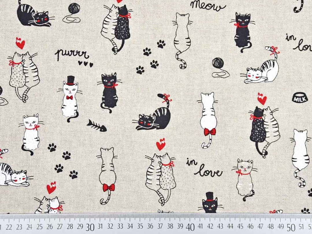 Dekostoff Katzen Leinenlook, Schwarz Rot Natur - Main Image