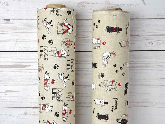 Dekostoff Katzen Leinenlook, schwarz rot natur