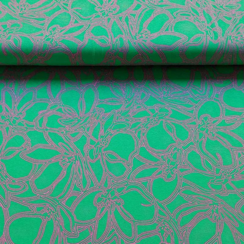 Viscose jersey fabric abstract floral tendrils, pink green image 4