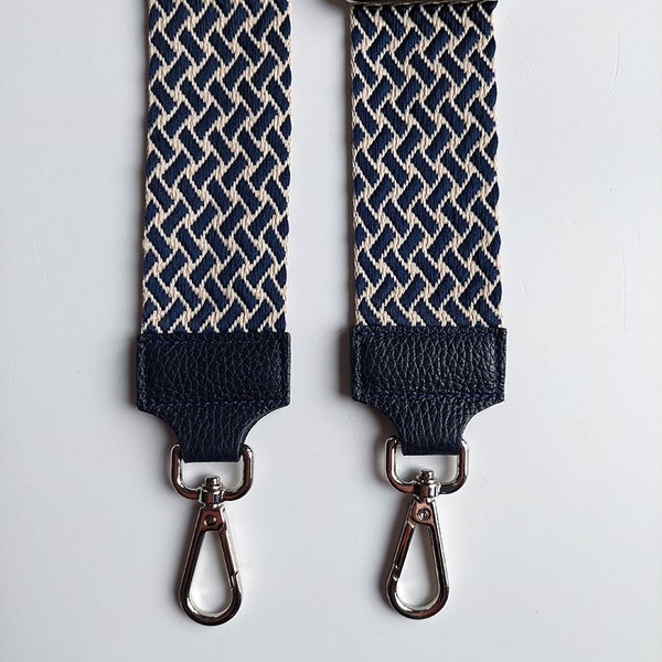 Bag strap bag strap weave pattern Weave - light beige dark blue-dark blue leather - silver buckles
