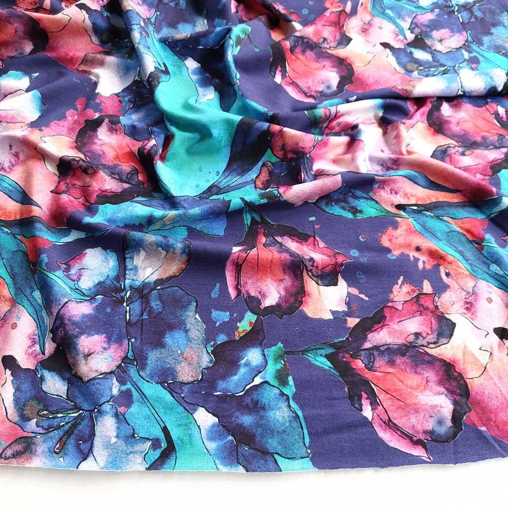 Viscose Jersey Fabric With Floral and Leaf Watercolor Style, Red