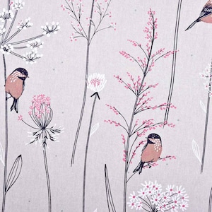 Decorative fabric birds flowers linen look, old pink natural