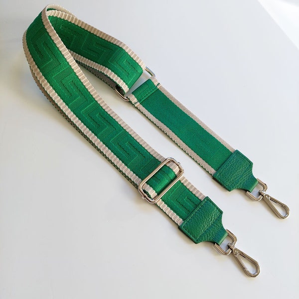 Bag strap graphic pattern - ecru green - green leather - silver buckles