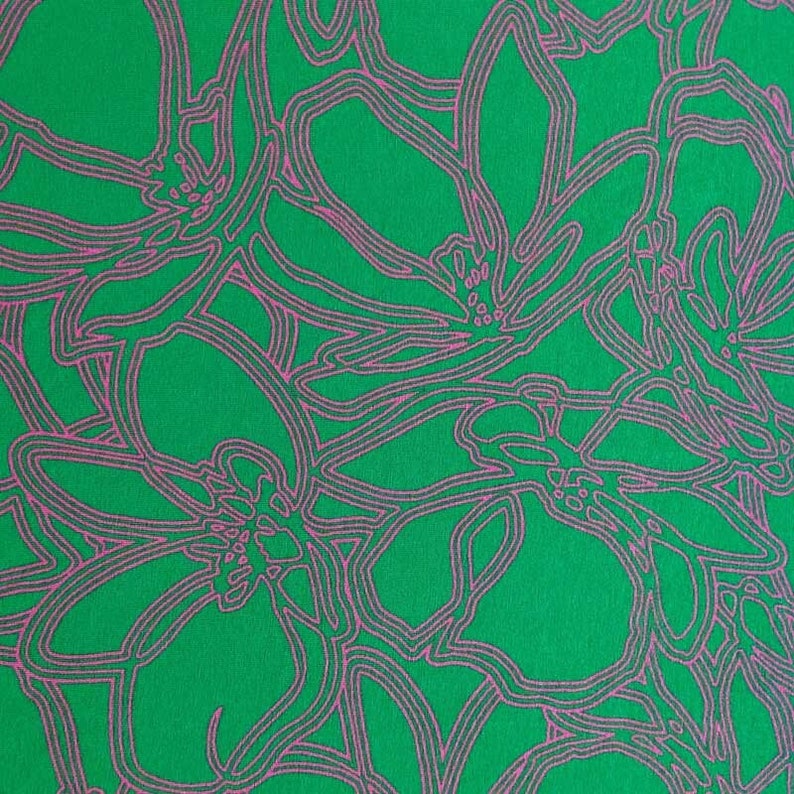 Viscose jersey fabric abstract floral tendrils, pink green image 1