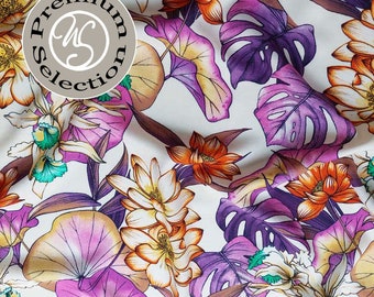 Viscose fabric blouse fabric tropical flowers leaves, plum purple mint ecrue