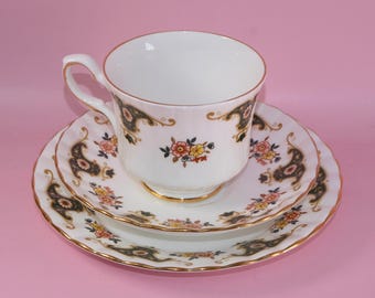 Royal Stafford Balmoral Bone China Tea Trio | Vintage Teacup Saucer & Side Plate | Floral Gold English China | Gift for Tea Lover