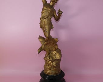 Antique French Spelter Figurine c.1900 | Classical Male Figure on Eagle | Gilt Mantel Statue | Victorian Rococo Style