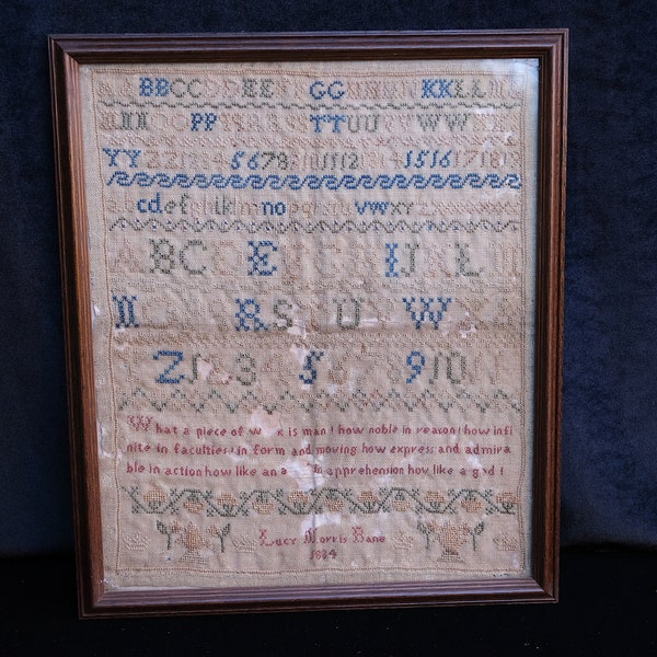 Needlework sampler, primitive samplers 1834, antique needlework