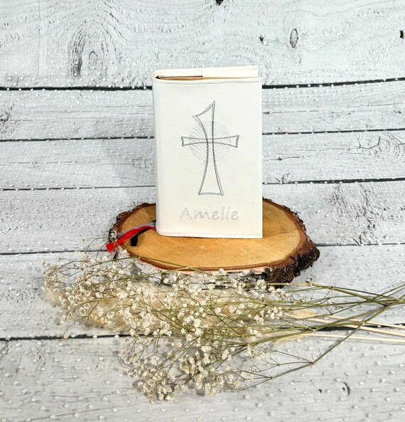 Gotteslob Gotteslobhülle Kreuz gold Kunstleder mit Namen bestickt weiß