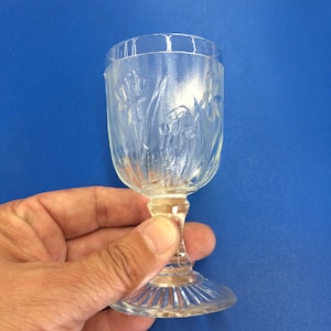 May include: A clear glass goblet with a delicate floral pattern. The goblet has a tall, slender stem and a wide, round base.