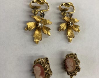 2 Pair Vintage Clip On Earrings Gold Tone Cameo Rhinestone Leaves Dangle Jewelry Mid Century FREE SHIP