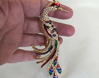 Large, 5.25", Vintage, Brooch, Peacock, Vintage Pin, Enamel, Rhinestone, Gold Tone, Large Brooch, Bird, FREE SHIP