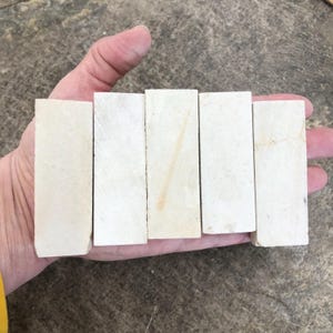 May include: Five rectangular, off-white wooden blocks are held in a hand. The blocks are arranged side by side, with slight variations in color and texture. The wood appears to be unfinished.
