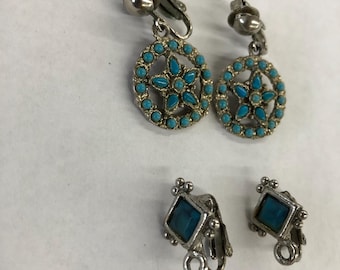 2 Pair Vintage Clip On Earrings Silver Tone Faux Turquoise Square Star Dangle Jewelry Mid Century Southwestern FREE SHIP