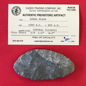 May include: A grey chert Adena blade, a type of prehistoric artifact, measuring 9 inches long and 2 inches wide. The blade is dated to 1000 B.C. to 800 A.D. and was found in Central Illinois.