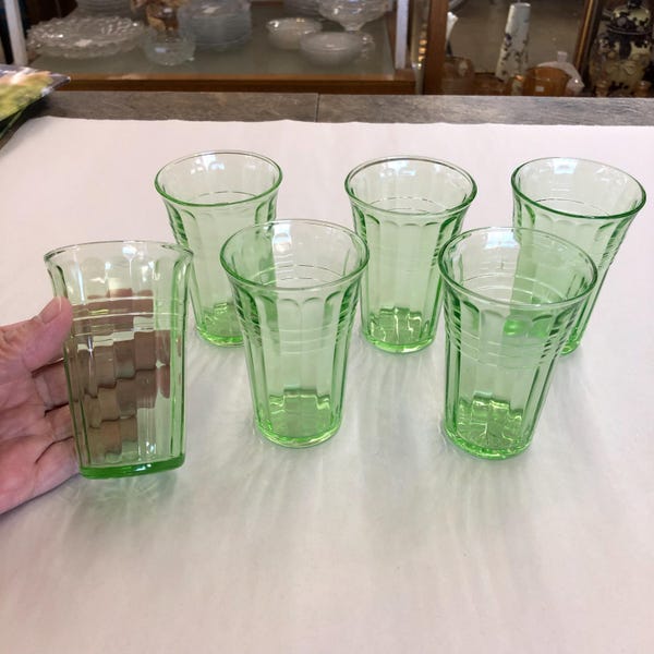 Lot of 6 Vintage Moderntone Glasses 3.75" Green Uranium Hazel Atlas Depression Glass Vaseline FREE SHIP