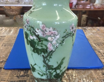 Antique Oriental Vase, Vintage Oriental Vase, Green Vase, Japanese Vase, Flowers, Birds, Trees, Old Vase, Oriental, Japan, FREE SHIPPING