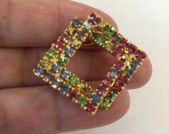 Vintage Brooch Double Square Pin Rhinestone 1 1/2" Gold Tone Pastel Sparkly Pink Green Blue Yellow FREE SHIP