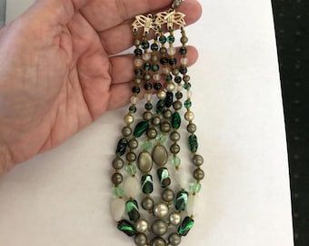 Vintage Bead Necklace 3 Strand Glass Green Fiber Optic Length Extender Mid Century MCM FREE SHIP