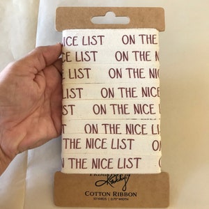 Christmas Ribbon, 10 Yards, On the Nice List, Fabric Ribbon, Off White, Dark Red, 3/4", Ribbon, Hobby, Sewing, Stocking, FREE SHIP