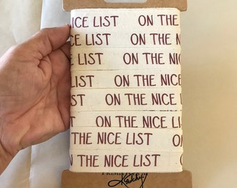 Christmas Ribbon, 10 Yards, On the Nice List, Fabric Ribbon, Off White, Dark Red, 3/4&quot;, Ribbon, Hobby, Sewing, Stocking, FREE SHIP