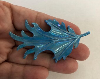 Vintage Brooch Pin Leaf Blue Rainbow Iridescence MCM Oak Tree Mid Century FREE SHIP