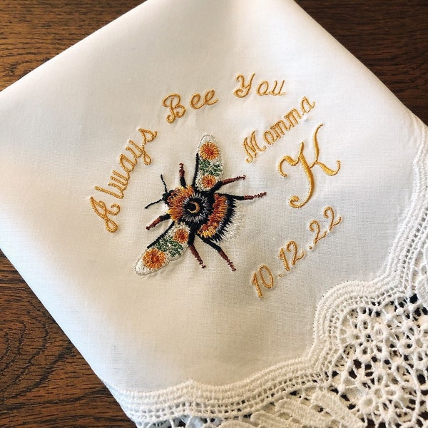 Bee lover handkerchief, summer wedding hanky gift, mom daughter bride bridesmaid hankie, bumble bee hanky, gift for mom, "Always bee you"