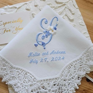 Bridal Handkerchief, Lace Hankie, Monogram Embroidered Hanky, Custom Handkerchief, bride mom gift, Personalized Embroidered Wedding hankie