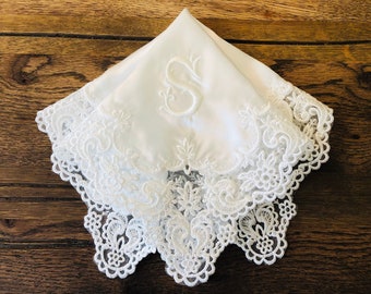 Bridal wedding handkerchief with elegant lace edge - great for Bridal showers, Personalized wedding handkerchief for bride, satin silky