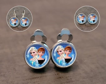 Boucles d'oreilles cabochon en acier inoxydable pour enfants avec Anna et Elsa