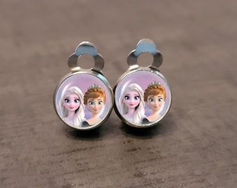 Clips d'oreilles cabochon en acier inoxydable pour enfants avec Anna ou Elsa