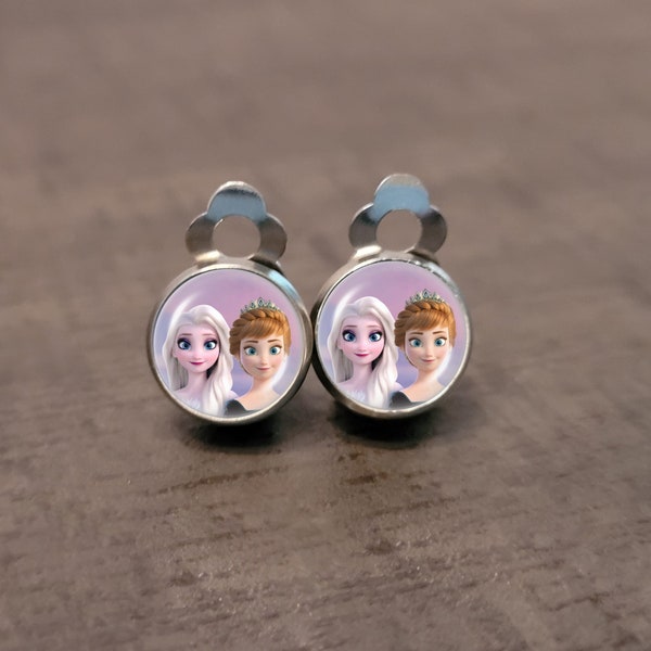 Stainless steel cabochon ear clips for children with Anna or Elsa