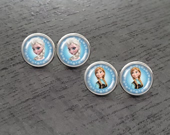 2 pairs of stainless steel cabochon ear studs for children with Anna and Elsa