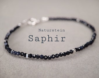 Bracelet saphir avec pierres naturelles de 2 mm et perles en argent sterling 925/, cadeau pour femme, cadeau de fiançailles, cadeau