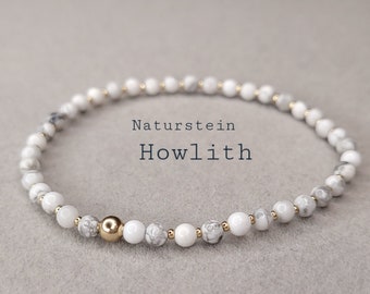 Howlite bracelet with 3 mm natural stones and 18k gold beads/, gift for wife, engagement gift, gift