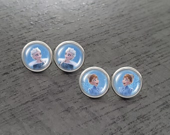 2 pairs of stainless steel cabochon stud earrings for children with Anna and Elsa