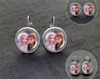 Stainless steel earrings for children with Anna and Elsa, Ice Kings, gift