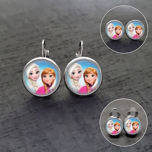 Pendientes cabujón de acero inoxidable para niños con Anna y Elsa imagen 1