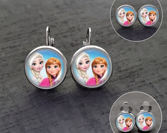 Stainless steel cabochon earrings for children with Anna and Elsa