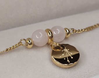 Pulsera Libra chapada en oro auténtico de 18 quilates/piedra natural cuarzo rosa