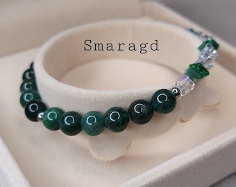 Bracciale mensile in pietra di smeraldo con perle di vetro galvanico tagliate sfaccettate/bracciale in acciaio inossidabile, regalo, maggio